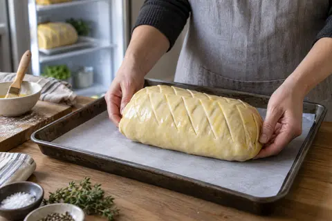 Bake a prepared beef Wellington
