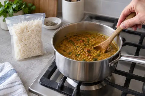 Heat prepared dal and rice