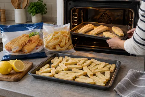 Bake prepared fish and chips