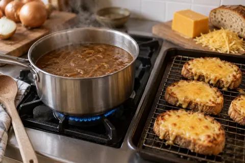 Finish prepared onion soup with cheese toast