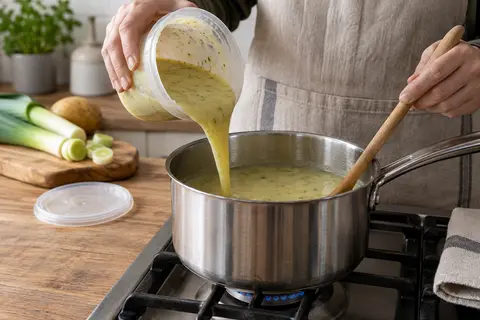 Heat prepared leek and potato soup