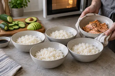 Assemble ready-cooked salmon rice bowls