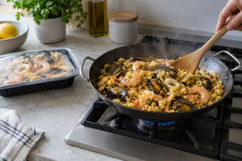 Heat prepared seafood paella