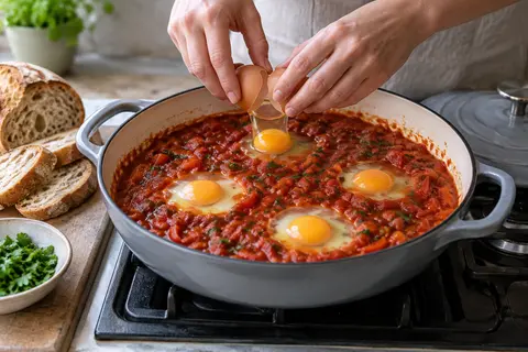 Set eggs in prepared shakshuka sauce