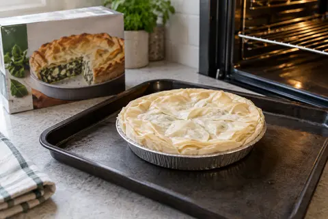 Heat prepared spinach and feta filo pie