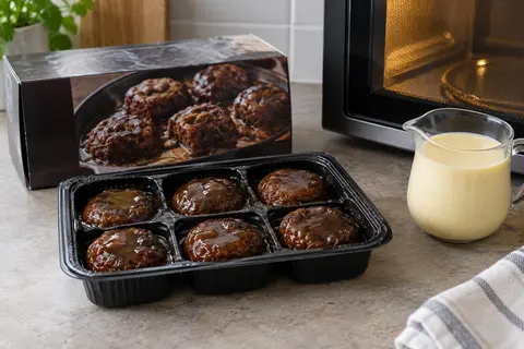 Heat prepared sticky toffee puddings